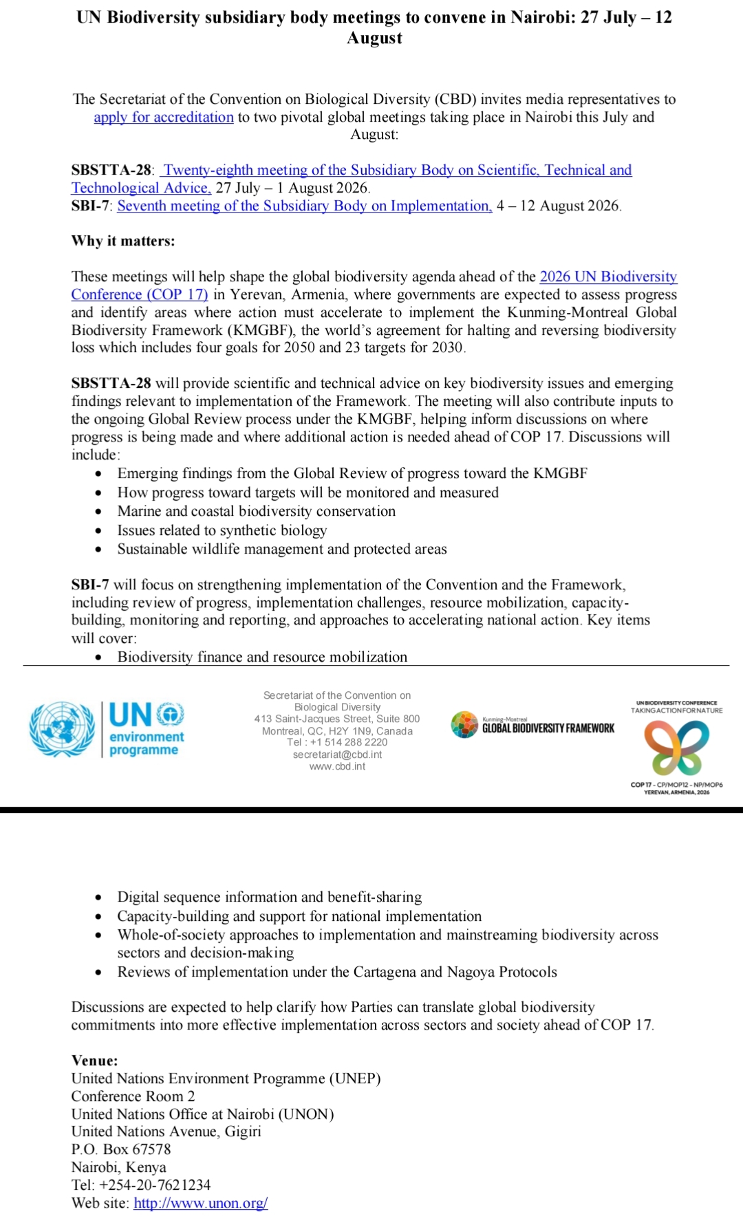 UN Biodiversity subsidiary body meetings to convene in Nairobi: 27 July – 12 August 2026